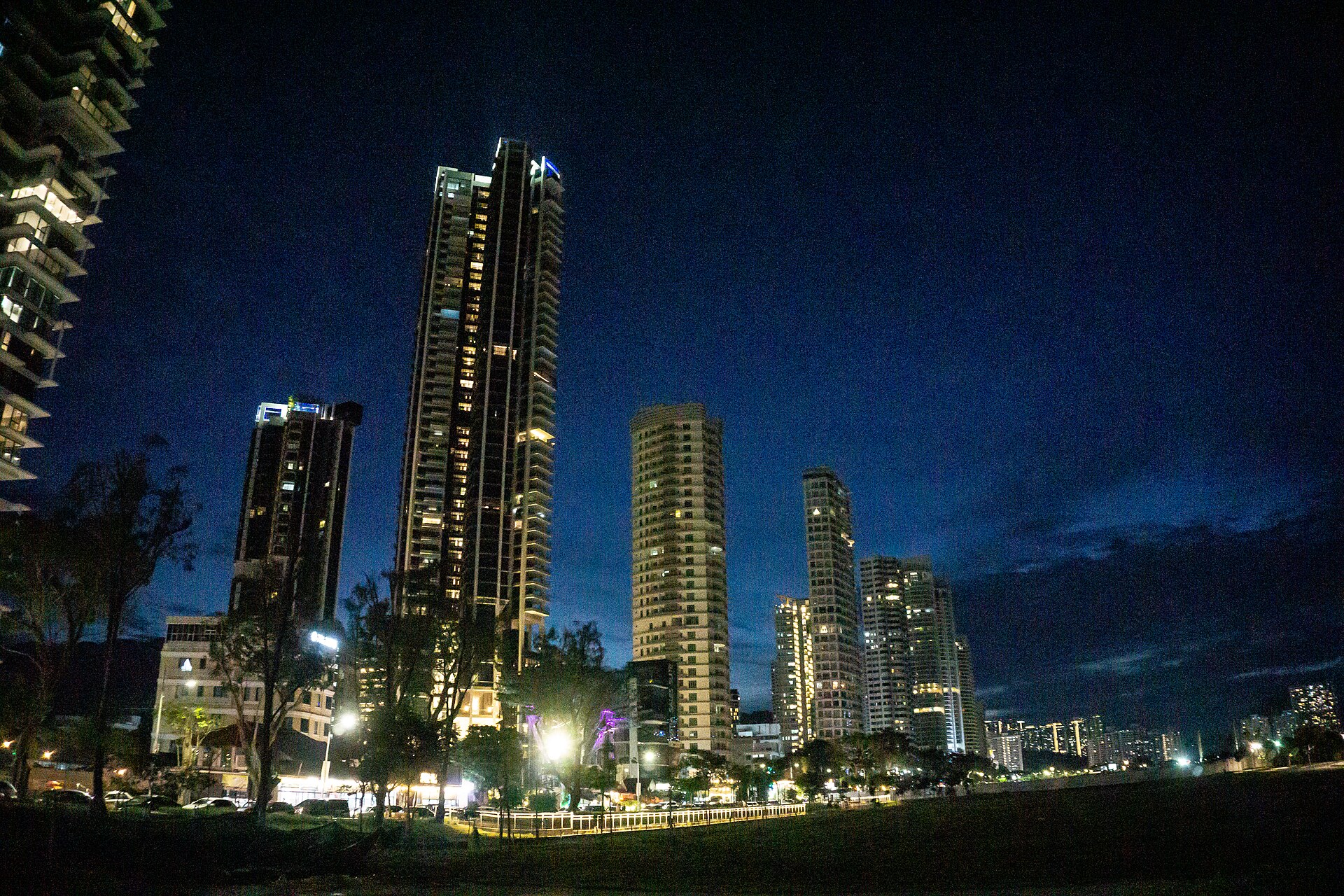 Gurney Drive skyline and waterfront after dark in Penang